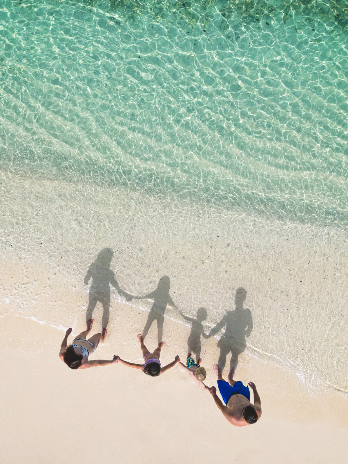 Family holding hands at the shoreline, seen from above